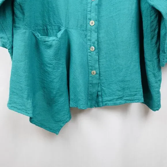 Nilgun Derman Niche Asymmetric Linen Blend Blouse Size XL Teal Green Lagenlook‎ - Picture 5 of 8